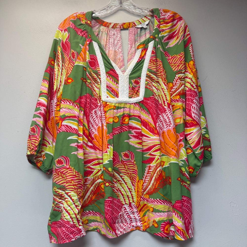 Crown & Ivy Tunic Top Womens Large Green Pink Tropical Floral Excellent Boho